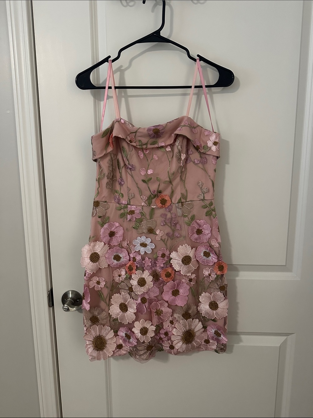 JUNIORS City Studio Pink Floral Appliqué Spaghetti-Strap Party Dress